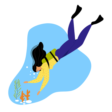 Female Character Underwater Diver on Ocean Bottom with Corals, Woman with Snorkel, Flippers and Mask. Active Recreation, Vacational Pastime, Girl Leisure Activity. Cartoon Flat Vector Illustrationのイラスト素材