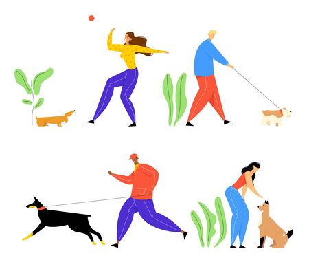 People Spending Time with Pets Outdoors Set. Male and Female Characters Walking and Playing with Dogs, Relaxing Open Air, Leisure, Communication Love, Care of Animals. Cartoon Flat Vector Illustrationのイラスト素材