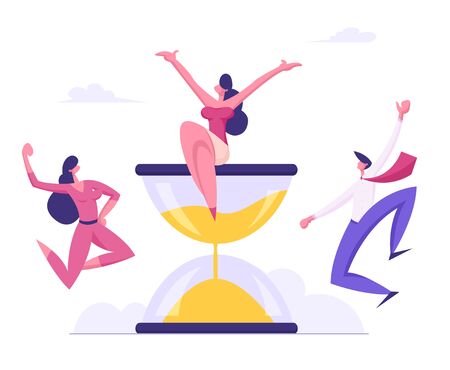 Cheerful Businesspeople Jumping with Hands Up around Huge Hourglass, Businesswoman Sitting on Top. Concept of Teamwork, Deadline, Time Management in Working Process. Cartoon Flat Vector Illustrationのイラスト素材