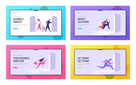 Business People Characters Standing at Doors Entrance Looking Inside, New Opportunity, Success and Career Growth Concept Website Landing Page Set, Web Page. Cartoon Flat Vector Illustration, Bannerのイラスト素材