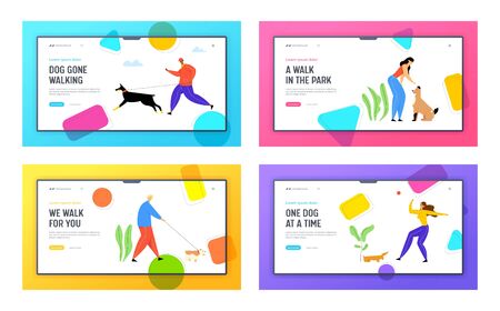 People Spending Time with Pets Outdoors Website Landing Page,Set. Characters Walking and Playing with Dogs, Relaxing Open Air, Love, Care of Animals Web Page. Cartoon Flat Vector Illustration, Bannerのイラスト素材