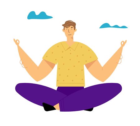 Man Meditating Outdoors Doing Yoga Asana in Lotus Pose. Healthy Lifestyle, Relaxation Emotional Balance, Summer Vacation, Leisure, Life Harmony, Spare Time on Nature. Cartoon Flat Vector Illustrationのイラスト素材