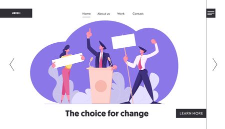 Voting and Election Concept, Pre-election Campaign of Candidate. Citizen Debating with Posters, Active Political Discussion, Website Landing Page, Web Page. Cartoon Flat Vector Illustration, Bannerのイラスト素材