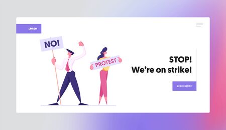 Protesting People with Placards on Demonstration Holding Banners and Signs Against Election or Candidate Voting Citizen Protest Website Landing Page, Web Page. Cartoon Flat Vector Illustration, Bannerのイラスト素材