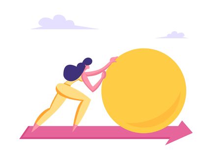 Businesswoman Character Pushing Huge Circle or Ball along Red Arrow on Floor. Woman Leader Goal Achievement, Leadership, Business Competition, Challenge Concept, Cartoon Flat Vector Illustrationのイラスト素材