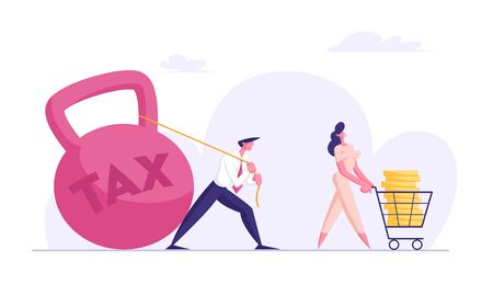 Happy Woman Push Shopping Trolley with Big Gold Pile of Dollar Coins inside, Sad Man Pulling Huge Heavy Weight on Rope. Tax and Loan Payment, Business Taxation Concept Cartoon Flat Vector Illustrationのイラスト素材