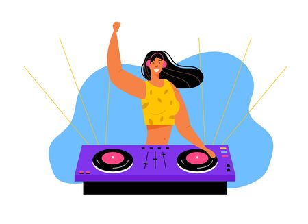 Young Cheerful Girl Dj Remixing Music on Midi Controller at Night Disco Club Party. Playing Music, Multimedia, Youth Lifestyle, Nightlife and Entertainment Concept, Cartoon Flat Vector Illustrationのイラスト素材