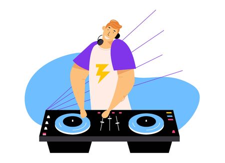 Happy Dj Male Character in Headphones and Shirt with Flash Print Put Hands on Equipment Deck and Mixer with Vinyl Record at Night Club Party, Disco Music Entertainment Cartoon Flat Vector Illustrationのイラスト素材