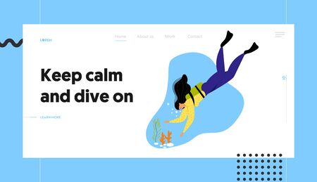 Girl Underwater Diver in Flippers and Mask at Ocean Bottom with Corals, Active Recreation, Vacation Pastime, Leisure Activity. Website Landing Page, Web Page. Cartoon Flat Vector Illustration, Bannerのイラスト素材