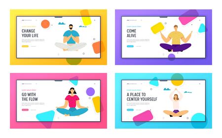 People Meditating in Lotus Pose Website Landing Page Set, Outdoors Yoga, Healthy Lifestyle, Relaxation Emotional Balance, Harmony, Positive Mood, Web Page. Cartoon Flat Vector Illustration, Bannerのイラスト素材