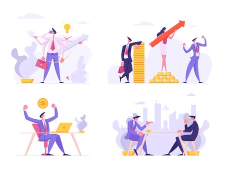 Financial Growth, Business Success Set. People with Arrow, Money, Multitasking Productive Businessman, Board Meeting, Online Work and Creative Cooperation Teamwork, Cartoon Flat Vector Illustrationのイラスト素材