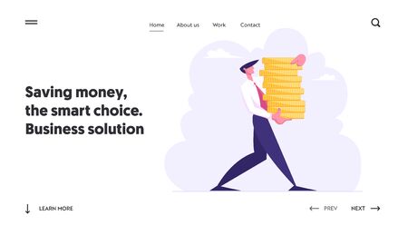Successful Business Man Carry Stack of Gold Coins, Character with Money Cash. Financial Profit Salary Wealth Increasing Capital Website Landing Page, Web Page. Cartoon Flat Vector Illustration, Bannerのイラスト素材