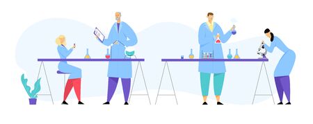 Chemistry Scientists, Professional People Characters Chemists or Doctors Research Medical Experiment in Scientific Laboratory with Contemporary Equipment, Researchers. Cartoon Flat Vector Illustrationのイラスト素材