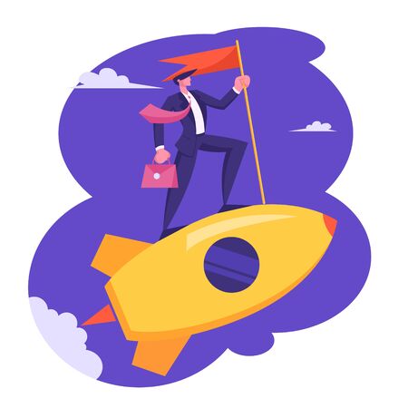 Businessman with Briefcase and Red Flag in Hand Riding Gold Rocket in Sky. Business Leadership, Creative Startup Launch. Character Start Successful Project Development Cartoon Flat Vector Illustrationのイラスト素材
