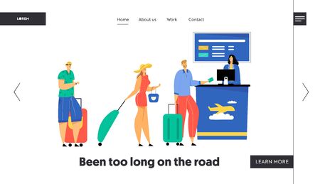 Passengers with Luggage Stand in Queue Preparing Documents for Flight Registration in Airport, Check in Boarding, Friendly Staff Website Landing Page, Web Page. Cartoon Flat Vector Illustration Bannerのイラスト素材