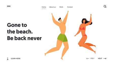 Happy People Characters Jumping with Hands Up, Beach Party. Man in Swimming Shorts and Woman in Bikini Fun on Summer Vacation, Website Landing Page, Web Page. Cartoon Flat Vector Illustration, Bannerのイラスト素材