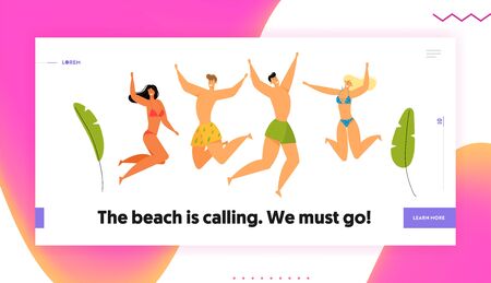 Beach Party Celebration. Group of Happy Young People Characters in Swimwear Jumping with Hands Up, Summer Vacation Activity. Website Landing Page, Web Page. Cartoon Flat Vector Illustration, Bannerのイラスト素材