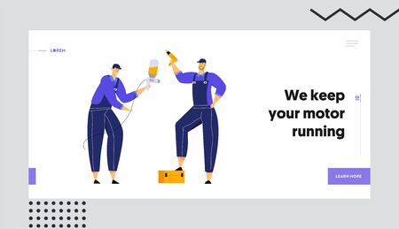 Mechanics Holding Drill and Spray Gun, Repair Service Staff with Instruments in Hand, Auto Checking and Maintenance, Car Fixing Website Landing Page, Web Page. Cartoon Flat Vector Illustration, Bannerのイラスト素材