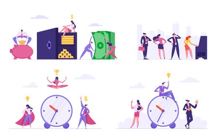 Set of Deadline, Working Productivity, Meditation on Workplace, People Stand in Queue at ATM, Male and Female Characters Saving Money in Piggy Bank and in Safe Box. Cartoon Flat Vector Illustrationのイラスト素材