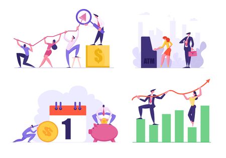 Set of Data Analysis Growth Charts, People Stand in Line Paying in ATM, Bank Loan and Tax Payment. Male and Female Business People Characters with Growing Arrow, Cartoon Flat Vector Illustrationのイラスト素材