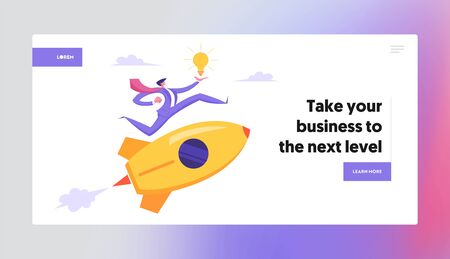 Start Up Idea Concept. Business Project with Rocket and Businessman Character Run with Light Bulb. Goal Achievement, Insight. Website Landing Page, Web Page. Cartoon Flat Vector Illustration, Bannerのイラスト素材