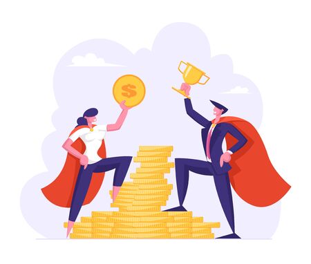 Male and Female Business Characters in Super Hero Cloaks Hold Golden Dollar and Cup Stand on Stack of Gold Coins, People and Money Savings. Earnings. Profit, Salary, Cartoon Flat Vector Illustrationのイラスト素材