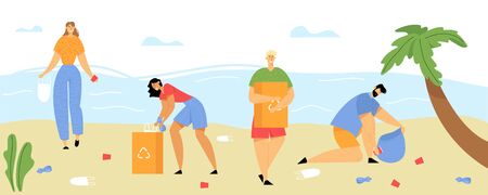 People Collecting Trash into Bags on Beach. Pollution of Seaside with Different Kinds of Garbage. Volunteers Clean Up Wastes on Ocean Coast. Ecology Protection Concept Cartoon Flat Vector Illustrationのイラスト素材