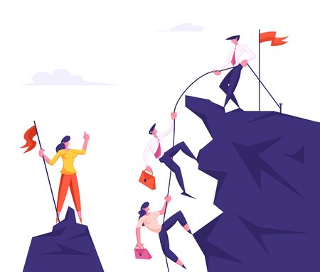 Group of Business People Climbing on Mountain Peak, Leader Pulling Colleagues with Rope, Assistance, Team Work, People Working Together for Goal Achievement Concept Cartoon Flat Vector Illustrationのイラスト素材