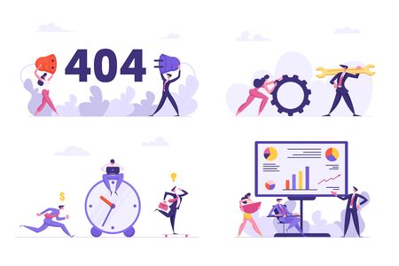 Set of Office Situations, 404 Error, Internet Connection Interruption, Technical Support Characters with Huge Wrench and Cogwheel, Deadline Concept, Business Meeting. Cartoon Flat Vector Illustrationのイラスト素材