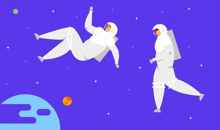 Astronaut Characters in Space Suits Flying in Outer Space with Stars and Earth or Extraterrestrial Planet Background, Cosmonauts in Charge of Maintenance, Exploration, Cartoon Flat Vector Illustrationのイラスト素材