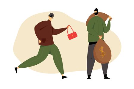 Couple of Masked Robbers with Stolen Woman Bag and Money Sacks, Bank Robbery by Criminals. Gangsters Violence Organized to Steal Money From Financial Institution. Cartoon Flat Vector Illustrationのイラスト素材