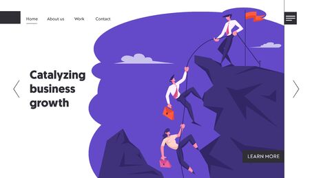 Business Leader Help Team Climb to Top of Rock with Hoisted Red Flag, Businessman with Rope Pull Teammates to Mountain Peak, Website Landing Page, Web Page. Cartoon Flat Vector Illustration, Bannerのイラスト素材