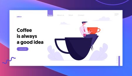 Business Man Relaxing on Coffee Break Sitting on Huge Cup, Male Character Rest in Recreational Place Restaurant Cafe for Lunch, Website Landing Page, Web Page. Cartoon Flat Vector Illustration, Bannerのイラスト素材