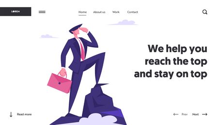 Business Man Looking to Distance on Top of Mountain. Successful Businessman on Peak, Goal Achievement, Marketing Strategy Website Landing Page, Web Page. Cartoon Flat Vector Illustration, Bannerのイラスト素材