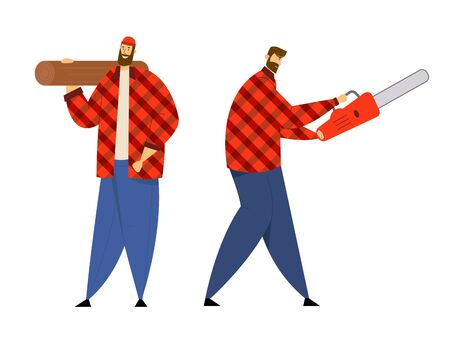 Couple of Lumberjack Male Characters in Plaid Shirts Holding Chainsaw and Wooden Log in Hands. Lumber Workers with Working Equipment and Tools Posing, Woodcutters. Cartoon Flat Vector Illustrationのイラスト素材