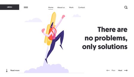 Business Career Boost, Start Up and Growth Website Landing Page, Businessman Flying Off with Jet Pack. Office Worker with Rocket Take Off the Ground. Web Page. Cartoon Flat Vector Illustration, Bannerのイラスト素材
