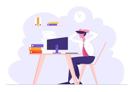 Overloaded Stressed Male Office Employee Character Sitting at Workplace with Computer and Huge Heap of Documents Holding Head of Deadline and Paper Bureaucracy to do, Cartoon Flat Vector Illustrationのイラスト素材