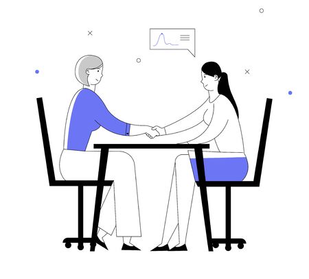 Business Partners Women Handshaking Sitting at Table Face to Face. Partnership Concept of Businesspeople Meeting, Shaking Hands Agreement Negotiation. Cartoon Flat Vector Illustration Line Art Styleのイラスト素材