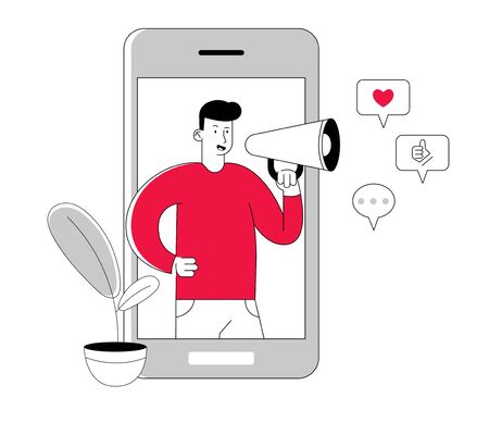 Blogging and Social Media Networking Concept. Man Blogger Character with Megaphone in Hands Stand at Smartphone Screen Broadcasting Streaming Video Post, Announcement Cartoon Flat Vector Illustrationのイラスト素材