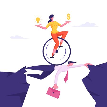Business Woman on Monowheel with Dollar and Light Bulb in Hands Riding over Head of Businessman Colleague. Creative Idea, Challenge, New Opportunity Success Concept Cartoon Flat Vector Illustrationのイラスト素材