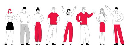 Businessmen and Businesswomen Joyful Managers Team. Business People Characters Stand in Line. Creative Perfect Teamworking Group Office Employees. Cartoon Flat Vector Illustration in Line Art Styleのイラスト素材