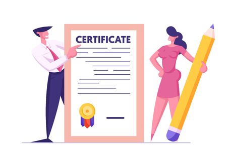 Business Man and Woman with Huge Pencil Holding Insurance Certificate with Seal Stamp for Protection of Health, Life, Real Estate and Property Interests Insured Events Cartoon Flat Vector Illustrationのイラスト素材
