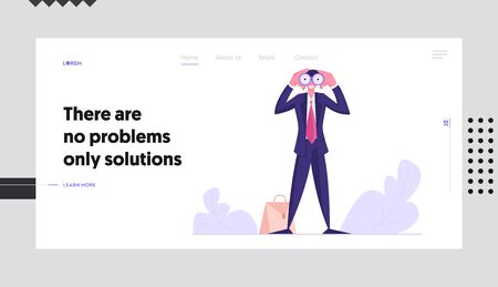 Visionary Forecast, Prediction Website Landing Page, Businessman Watching to Binoculars, Business Vision, Recruitment Employee, Success Planning Web Page. Cartoon Flat Vector Illustration, Bannerのイラスト素材
