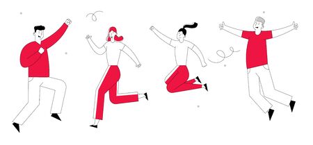 Happy Friends or Colleagues Business Managers Team Celebrating Birthday Party or Corporate Holiday. Young People Men and Women Jump with Hands Up in Night Club. Linear Cartoon Flat Vector Illustrationのイラスト素材