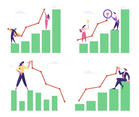 Set of Business Men and Women Stand on Column Chart Drawing Curve Line. Businesspeople Working on Growth Data Analysis Arrow Graph, Financial Profit Statistic Diagram. Cartoon Flat Vector Illustrationのイラスト素材
