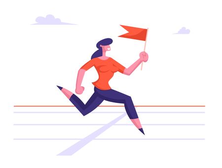 Business Woman Character Running on Stadium Holding Red Flag in Hand. Successful Businesswoman Leader Crossing Finishing Line Marathon Leadership Creative Idea Concept Cartoon Flat Vector Illustrationのイラスト素材