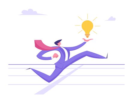 Business Man Character Running on Stadium Holding Glowing Light Bulb in Hand. Businessman Crossing Finish Track Line. Leadership, Creative Idea, Successful Leader Cartoon Flat Vector Illustrationのイラスト素材