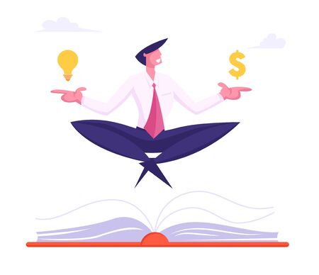 Happy Businessman Meditating with Dollar Sign and Glowing Light Bulb over Huge Book in Office. Business Yoga Meditation on Stressful Work Relaxing on Coffee Break. Cartoon Flat Vector Illustrationのイラスト素材