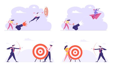 Business Man Shoot with Bow Aiming Arrow to Target. Businesswoman Setting on Fire Cannon with Businessman Flying on Paper Plane. Goals Achievement Mission, Challenge Cartoon Flat Vector Illustrationのイラスト素材