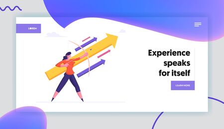 Challenge Task Solution Opportunity Website Landing Page. Businesswoman Holding Bow Direct Arrow Up to Sky. Aim in Business Strategy, Goal Achievement Web Page Banner. Cartoon Flat Vector Illustrationのイラスト素材